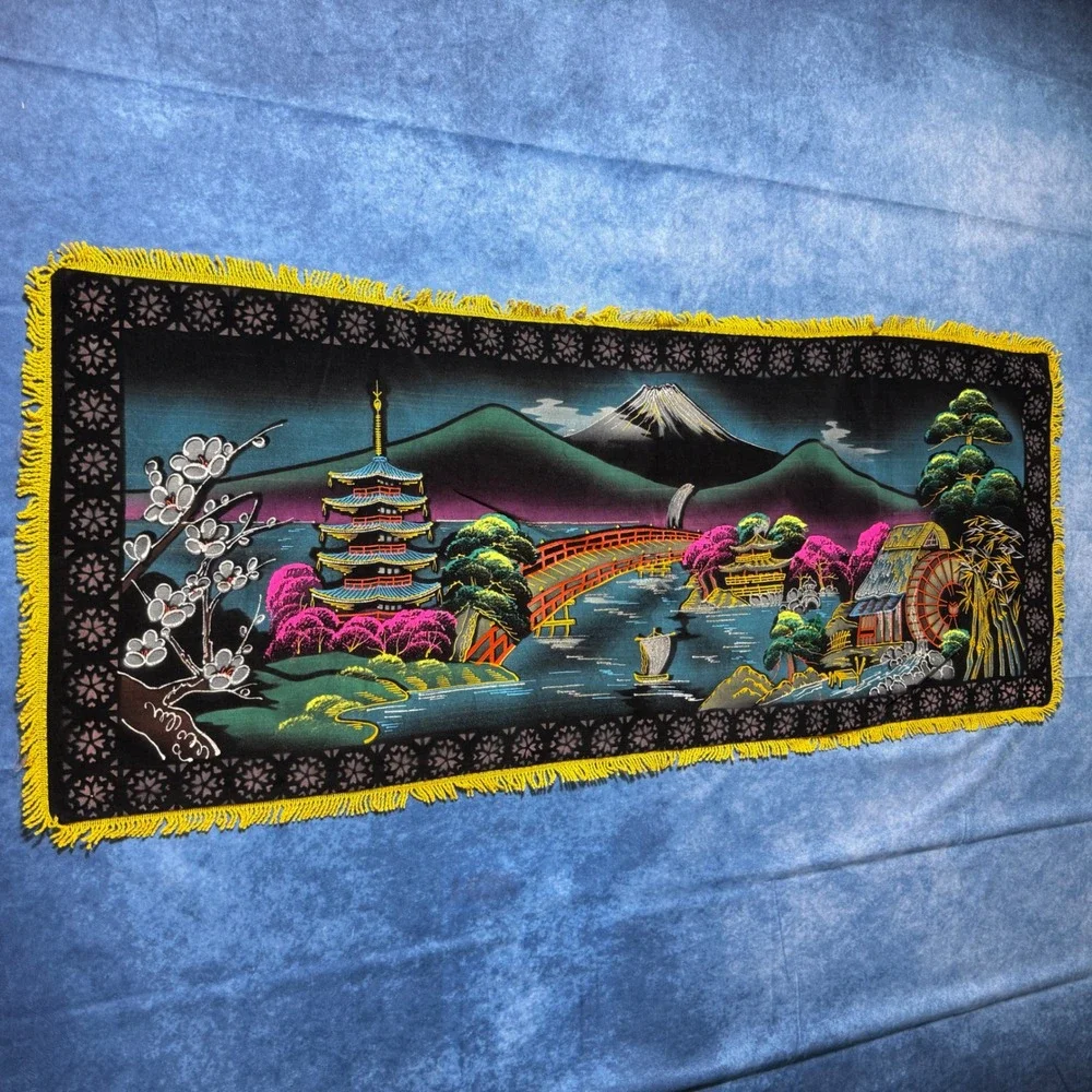 Vintage Japanese Velvet Wall Hanging Mount Fuji Pagoda Landscape Fringe 45x18